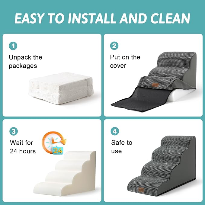 Dog Stairs for Small Dogs 19.7" H, Curved Dog Step for Puppy, Older or Cat, Medium Pet Ramp for Sofa, Couch or Bed, Ladder with High Density Foam, 15.7x28.3x19.7 inch, 4 Step, Dark Grey-PawvioPets