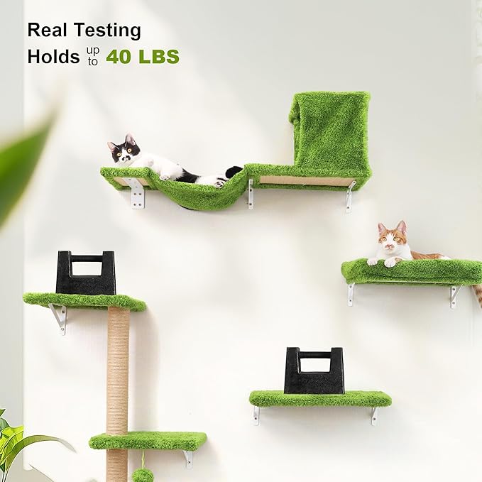 FUKUMARU Cat Wall Shelves, Stable & Safe 4 in 1 Cat Furniture Set, Wooden Climbing Wall with Scratching Post, Bridge and Bed, Stylish Jungle Gym for 16 Inch Drywall - Green-PawvioPets