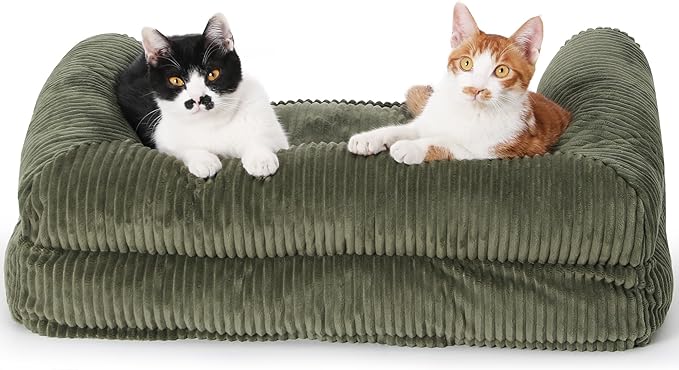 FUKUMARU Dog Couch Bed, Corduroy Cozy Cat Bed for Indoor Cats with Washable Cover, Supportive Waterproof Dog Beds Sofa for Small Dogs and Large Cats Cute, 28inch, Medium, Green-PawvioPets