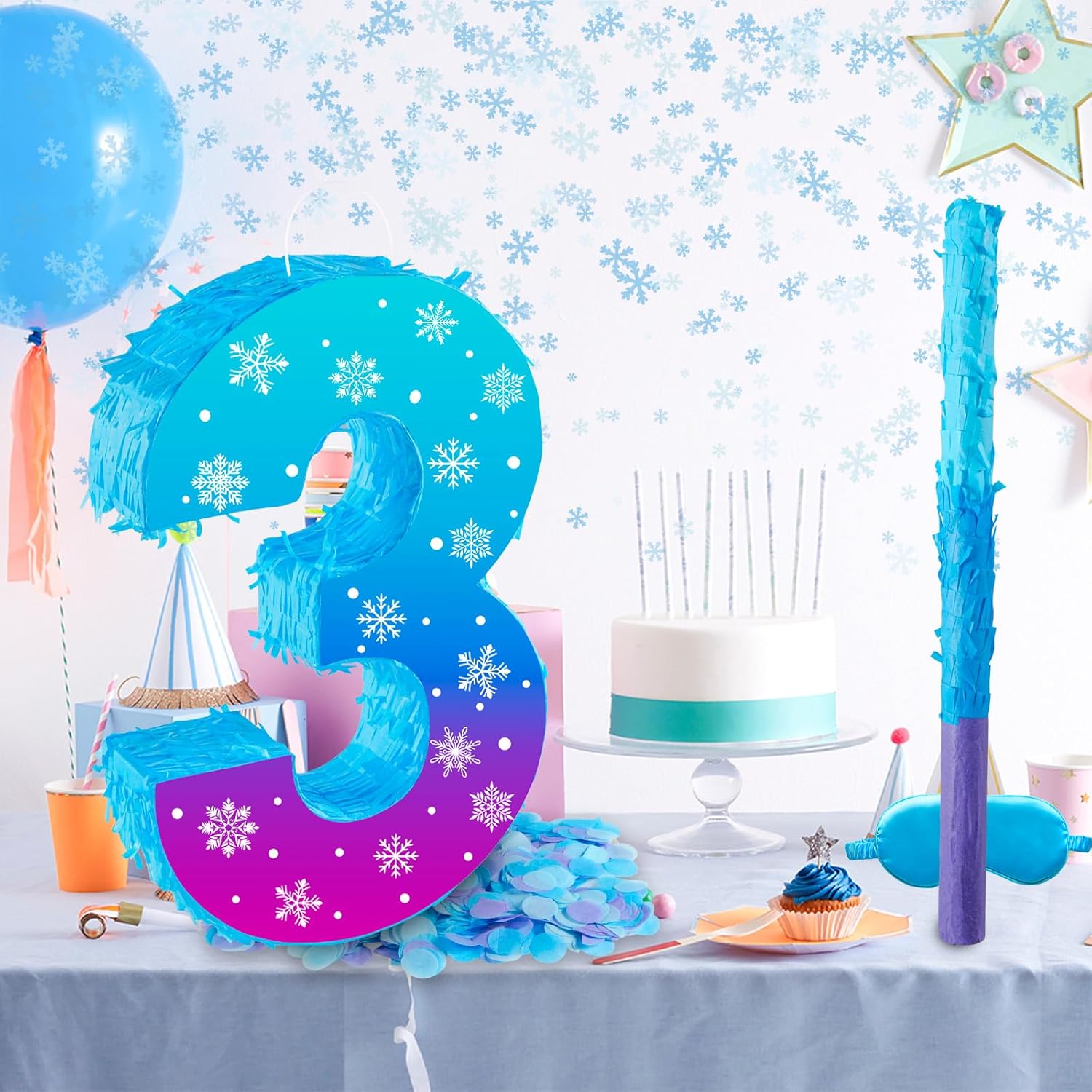 Snowflake Birthday Decorations, Winter Ice Snowflake Number 3 Pinata with Stick Blindfold and Confetti Snowflake Piñata 3rd Birthday Party Decoration & Supplies (Snowflake 3)