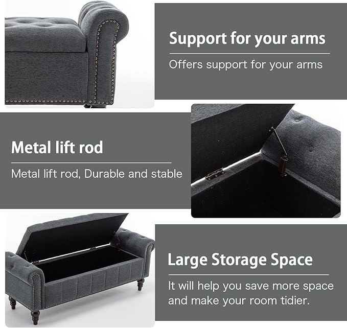 58’’ Storage Bench for Bedroom, Upholstered Button-Tufted Ottoman with Solid Wood Legs, Large End of Bed Shoe Cabinet, Window Seat Foot Rest Stool for Entryway, Closet, and Living Room (Dimgray)-PawvioPets