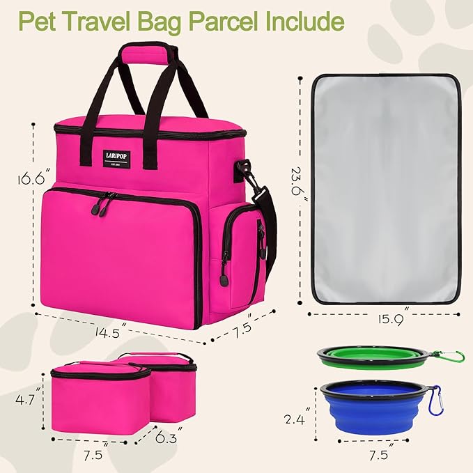 Dog Travel Bag,Weekend Pet Travel Bag Set for Dog and Cat,Airline Approved Tote Multi-Function Dog Bags for Traveling,Include 2 Collapsible Bowls,2 Food Storage Containers,1 Feeding Mat,Red-PawvioPets