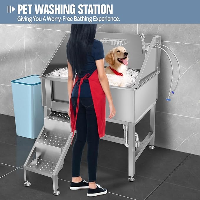 38" Pet Dog Bathing Station W/Ramp, Professional Stainless Steel Dog Grooming Tub W/Floor Grate, Faucet, Dog Bathtub for Large,Medium, Small Pets, Washing Sink for Home,L-RAMP-PawvioPets
