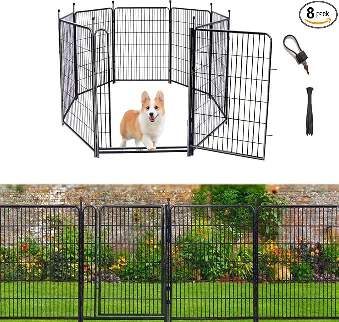 Garden Fencing 48in High, 8 Panels Total 17.7 Ft(L) Dog Fence Outdoor for Yard, Gate 21 in Wide with Low Sills. Lattice Panels for Outside, Dog Digging Fence Barrier, Garden Fences and Borders-PawvioPets