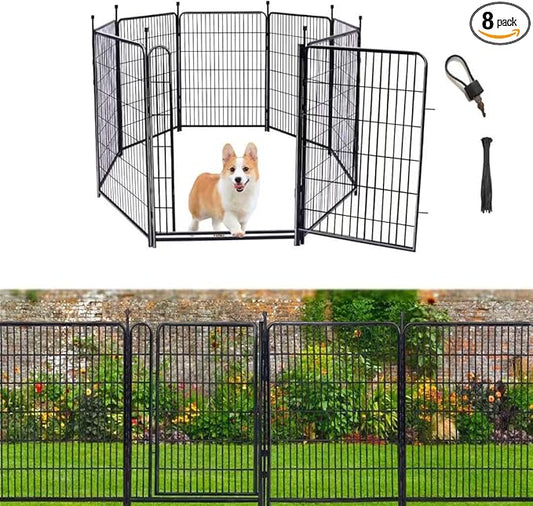 Garden Fencing 48in High, 8 Panels Total 17.7 Ft(L) Dog Fence Outdoor for Yard, Gate 21 in Wide with Low Sills. Lattice Panels for Outside, Dog Digging Fence Barrier, Garden Fences and Borders-PawvioPets