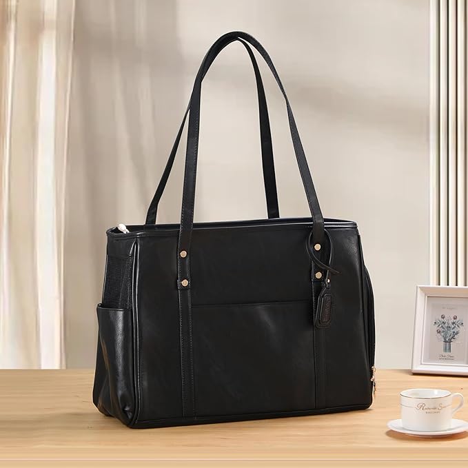 Fashion Dog Carrier Purse, Premium Leather Cat Carrier Bag, Airline Approved Soft Sided Pet Travel Tote Bag with Pockets Black-PawvioPets