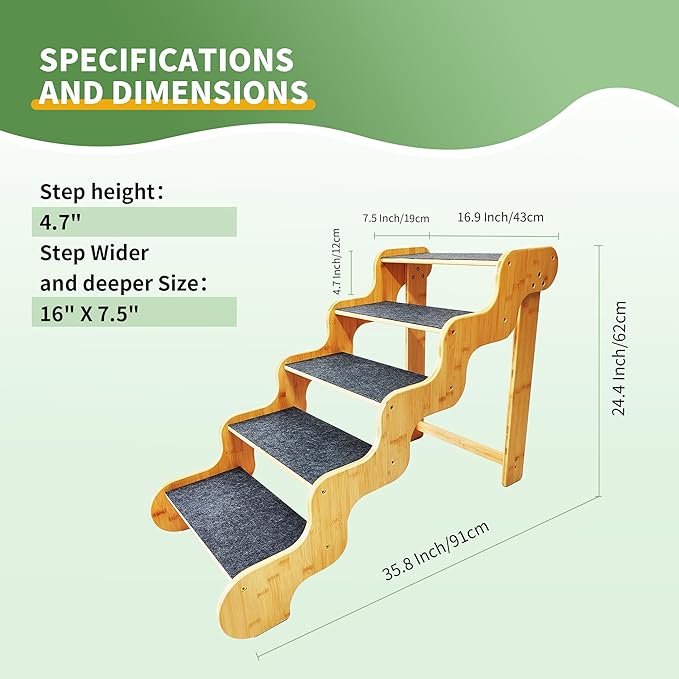 Dog Steps for Bed,24 Inches 5 Step Dog Stairs for Senior Pets to Get On 30 Inches High Beds/Car,Made of Bamboo Can Support Large Dogs Weighing Up to 160 LB-PawvioPets