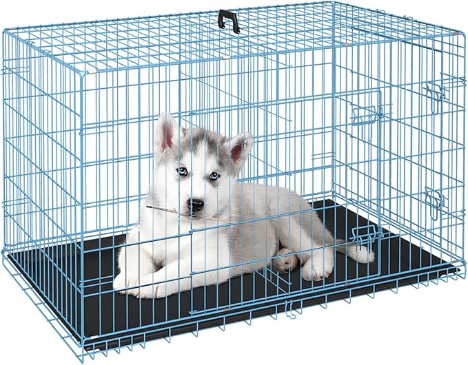 FDW Dog Crate for Small Dogs 24 Inch Folding Metal WirePet Cage Double Door W/Divider Panel Indoor Outdoor Kennel Leak-Proof Plastic Tray,Blue-PawvioPets