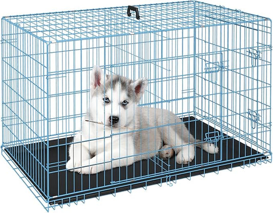 FDW Dog Crate for Small Dogs 24 Inch Folding Metal WirePet Cage Double Door W/Divider Panel Indoor Outdoor Kennel Leak-Proof Plastic Tray,Blue-PawvioPets
