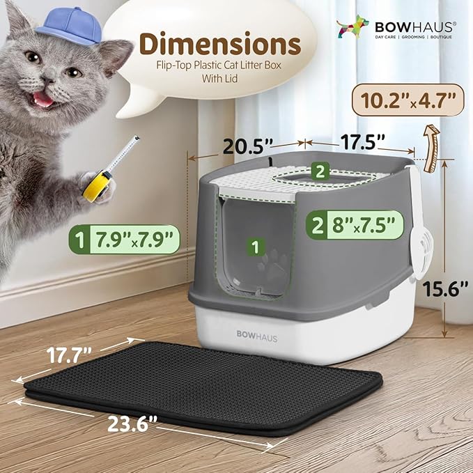 Fully Enclosed Cat Litter Box w/Lid, Scoop, Cat Mat & Odor Fitter, Large Plastic Cat Toilet with Double Door, Anti-Splashing Cat Litter Box with Lockable Front Door, Dark Grey-PawvioPets