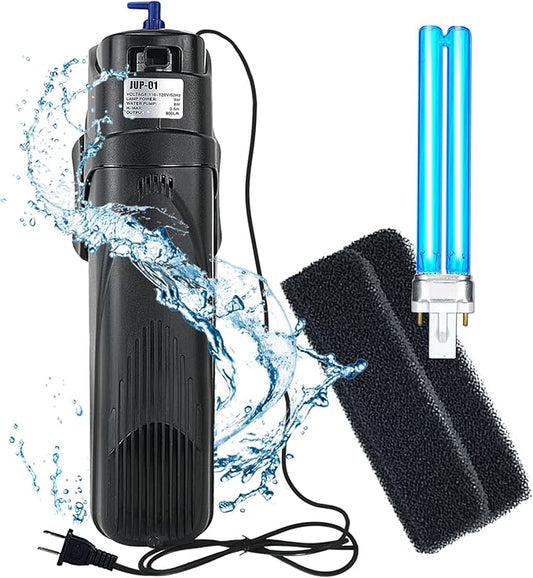 COOSPIDER Aquarium Filter Sun JUP-01 for 40-80 Gallon Tank Clear, U-V Fish Tank Green Clean Machine Submersible Pump w/ 1 Spare Bulb + 2 Replace Filter-PawvioPets