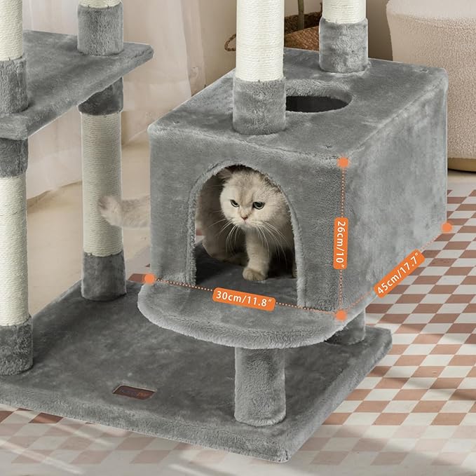 73 inches Large Cat Tree for Indoor Cats, Tall Cat Tower with Sisal Scratching Posts and Pads, Padded Plush Perch, Cozy Basket, Plush Condo for Large Cats (Grey)-PawvioPets