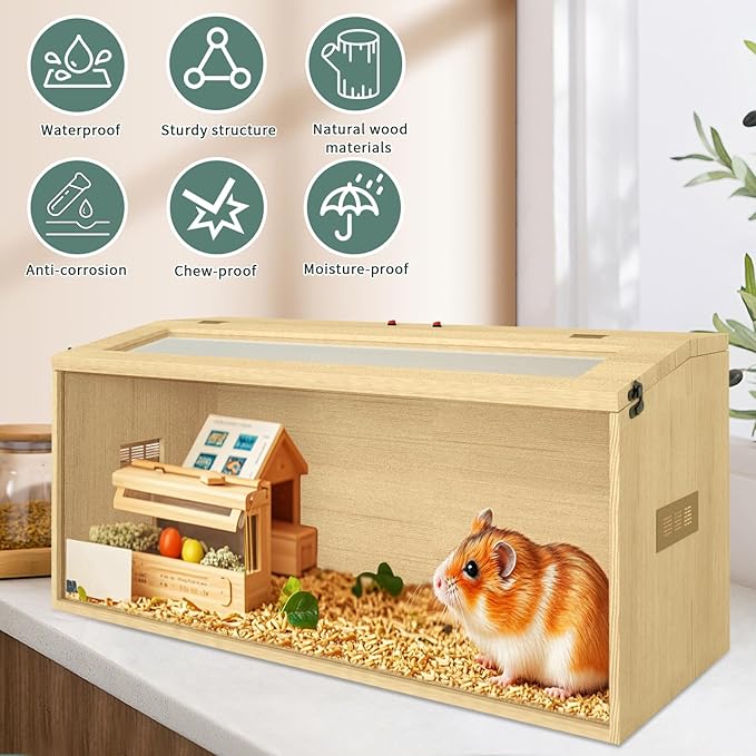 32" Hamster Habitat Enclosure, Top Opening Lockable Roof Door, Gerbil Dwarf Hamster Cage with Hygrometer, Chewproof Syrian Hamster Cage for Mice, Small Animal, (Wooden, 32" L x 16" W x 16" H)-PawvioPets