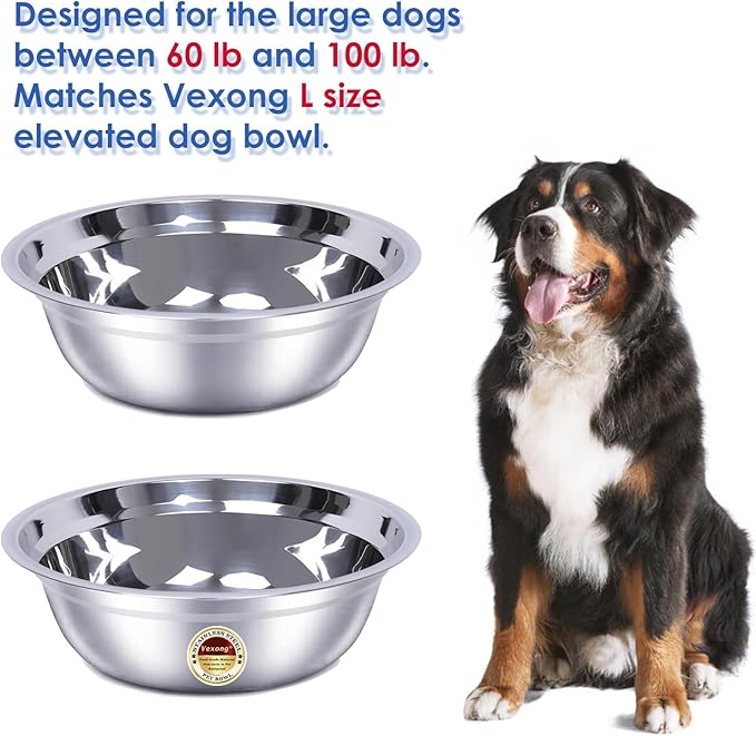 2 Pack, L Size Bowls, Matches Vexong L Size Elevated Dog Bowl Stand, for Dogs Between 60 and 100 lb, Stainless Steel Dog Bowl, Capacity 0.8 Gal / 12.5 Cup / 106 Oz / 3 Liter, Rustproof, Durable,-PawvioPets