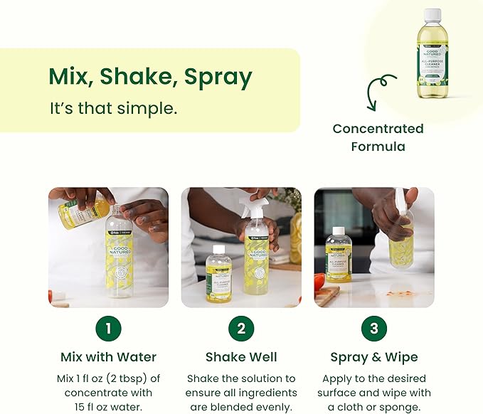 Good Natured Brand All-Purpose Cleaner Concentrate + 16 oz Bottle | Multi-Surface Cleaner | Natural Lemon Essential Oil | Multipurpose Cleaner All Surfaces | Lemon Love | 4oz makes 64oz-PawvioPets