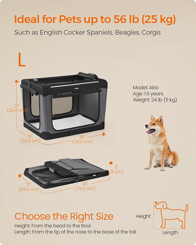 Feandrea Collapsible Dog Crate, 30-Inch Portable Dog Travel Crate for Medium Dogs, Oxford Fabric Pet Carrier with 4 Mesh Doors, Handles, Storage Pocket, Water Bottle Holder, Ink Black UPDC017B01-PawvioPets