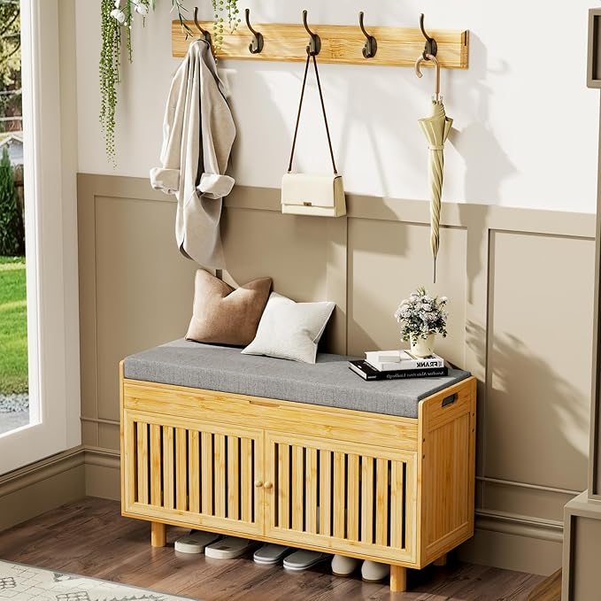 Coat Rack Shoe Bench Set, Bamboo Shoe Storage Bench with Seat Cushion & 5 Hooks, Hall Tree Entryway Bench with Lift Top Hidden Storage, 35.4" W x 12.6" D x 19.7" H, for Entryway, Living Room, Bedroom-PawvioPets