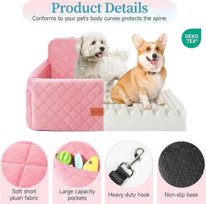 Dog Car Seat for Medium/Large Dogs, Pet Booster Seat for Under 55 lbs or 2 Small Dogs, Detachable & Washable Dog Car Bed for Backseat with 2 Safety Leashes (Pink)-PawvioPets