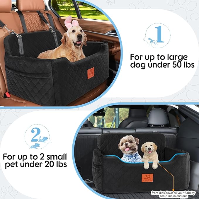 Dog Car Seat for Medium/Large Dogs,Dog Booster Seat for Dog Under 50lbs or 2 Small Dogs, Detachable and Washable Pet Car Seat,Multi-Functional Travel Dog Bed & Dog Sofa(Black)-PawvioPets