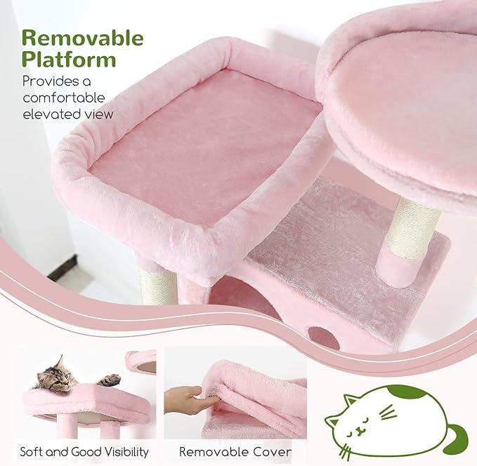 Globlazer Pink Cat Tree, 70 inch Tall Scratching Tower Multi-Level Cat Condo for Indoor Multiple Cats with 2 Large Cat Caves, Top Perch, Large Platform, Bottom Swing, F70B, Pink-PawvioPets