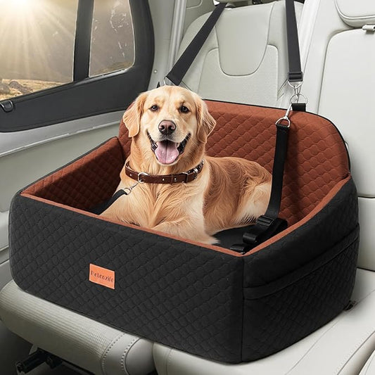 Dog Car Seat for Large Medium Dogs, Pet Car Seat Under 55 lbs or 2 Puppies, Removable Washable Pets Travel Booster Bed for Automotive Backseat with Comfy Thick Cushion, 2 Safety Leashes(Black/Brown)-PawvioPets
