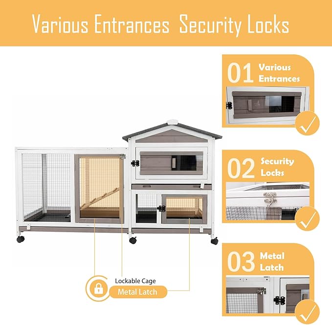 57" L Rabbit Hutch Indoor Outdoor 2 Story Large Bunny Hutch with Run Guinea Pig Cage Wooden Rabbit Cage with Removable 3 Pull Out Trays Pet House for Small-Medium Animals-PawvioPets