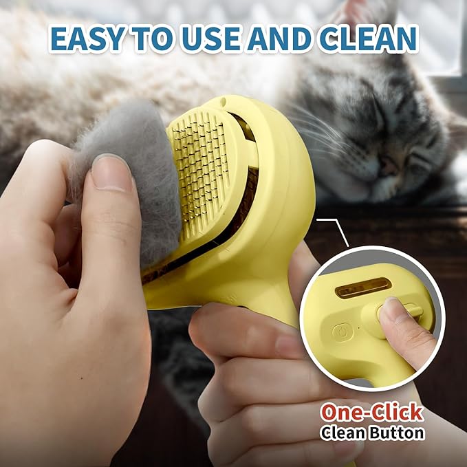 3 In 1 Self-Cleaning Steamy Brush for Pet Grooming - Anti-Static Flying Hair Spray, Removes Loose Hair and Reduces Shedding for Long and Short Fur, Yellow-PawvioPets