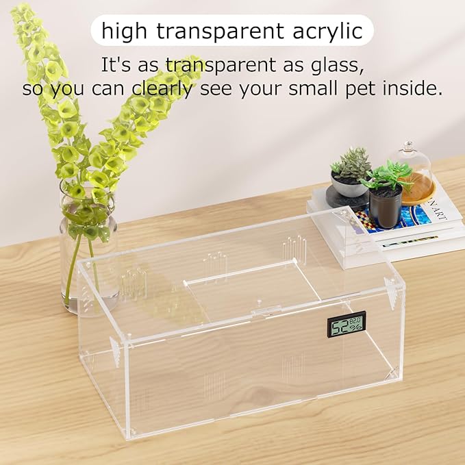 Acrylic Tarantula Enclosure, Reptile Terrarium Breeding Tank w/Temperature Hygrometer,Habitat Reptiles Feeding Box Isopod Terrarium Cage for Insect Lizard Home Office (Reptile-Tank-L(No Tray))-PawvioPets
