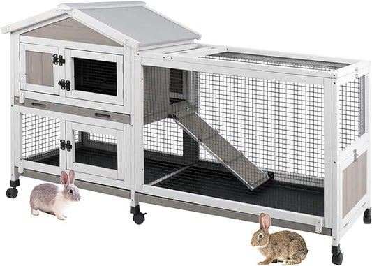 2-Tier Rabbit Hutch with Wheels, Indoor & Outdoor Small Animal Cage with Deep Pull-Out Tray, Anti-Chew Frame, Habitat for Bunny, Guinea Pig, Chinchilla (60" L x 19" W x 35" H)-PawvioPets