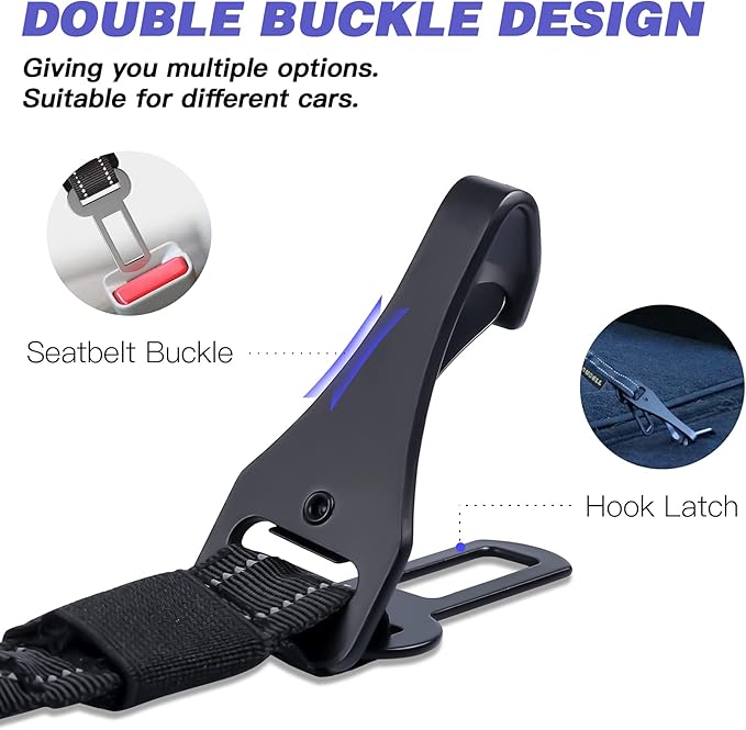 AUBELL Dog Seat Belt for Car,2 Pack Set 3-in-1 Adjustable Reflective Bungee Heavy Duty Dog Car Harness Tether with Clip Hook Latch & Buckle,Swivel Zinc Alloy Carabiner,Black+Black-PawvioPets