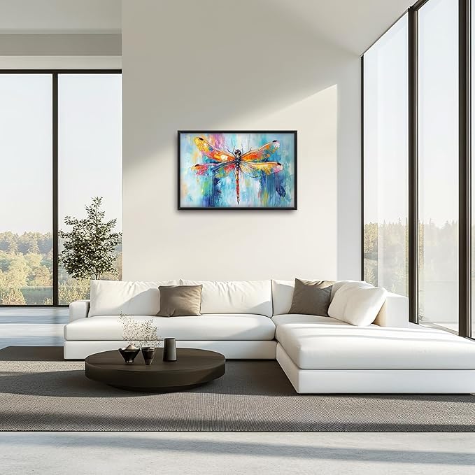 Extra Large Abstract Dragonfly Framed Wall Art for Living Room,Oversized Colorful Dragonfly Pictures Wall Decor,Teal Canvas Print Painting Modern Artwork Bedroom Office Bathroom 36L" x 24W"-PawvioPets