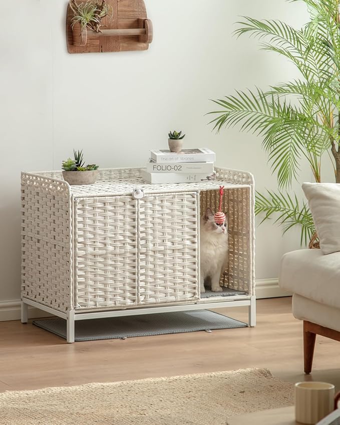 Cat Litter Box Enclosure Furniture with Divider, Handwoven Rattan Litter Box with Mat, 31.2 x 19.6 x 24.2 Inches, Metal Heightened Feet, Hidden Cat House for Living Room, Bedroom (White)-PawvioPets
