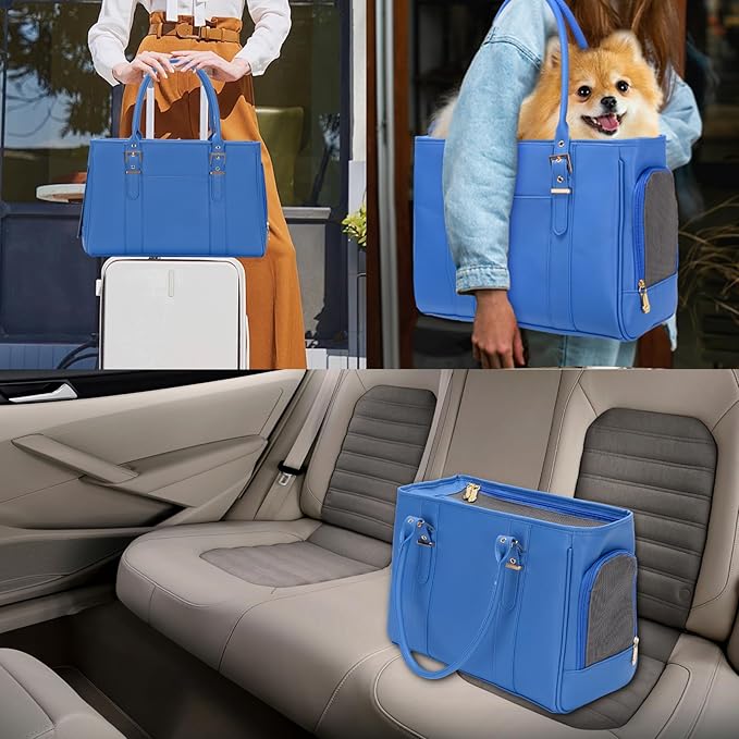 Fashion Pet Carrier Dog Purse Cat Bag Soft-Sided Carriers Travel Airline Approved, Stylish Leather Tote Handbag for Small Animal Puppy Kitten (Blue)-PawvioPets