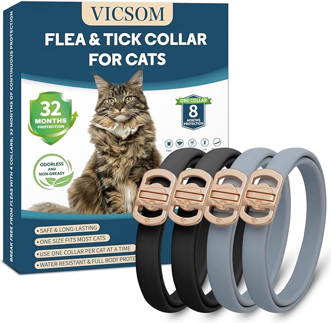 Flea and Tick Collar for Cats - 4 Pack, 32 Month Protection Treatment, Waterproof, Natural Prevention, Adjustable for Cats & Kittens (Black Grey)-PawvioPets