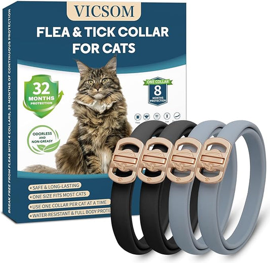 Flea and Tick Collar for Cats - 4 Pack, 32 Month Protection Treatment, Waterproof, Natural Prevention, Adjustable for Cats & Kittens (Black Grey)-PawvioPets