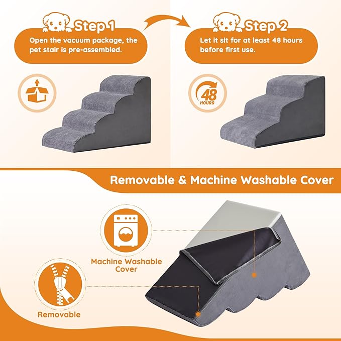 Dog Stairs for Small Dogs, 4-Step Dog Ramp for Bed 19.7" H, Dogs Steps for Bed, Couch, Pet Stairs with Non-Slip Bottom Design, Cat Scratching, High Density Foam Portable Pet Steps, Indoor, Grey-PawvioPets