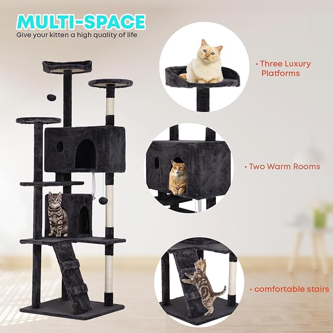 FDW Cat Tree 70in Cat Tower Multi-Level Durable Cat Scratching Post & Cozy Fun Cat Jumping Platform Space Saving Cat Condo Pet Play House for Indoor Cats,Dark Gray-PawvioPets