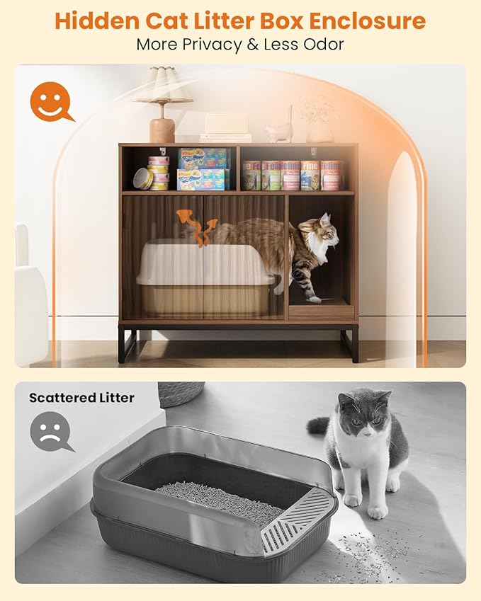 Cat Litter Box Enclosure, Large Hidden Pet Storage Cabinet Furniture with Waveform Fluted Doors & Scratching Pad, Modern Wooden Cat House Indoor for Washroom, Living Room, Bedroom, Rustic Brown-PawvioPets