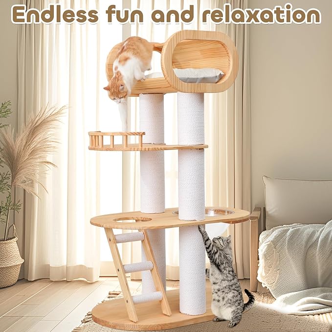 63'' Tall Modern Cat Tree for Indoor Cats, Luxury Cat Tree, Multi-Level Wood Climb Tower for Large Cat, Heavy Duty Kitty House with Transparent Bowl, Large Perches with Removable Cushion-PawvioPets