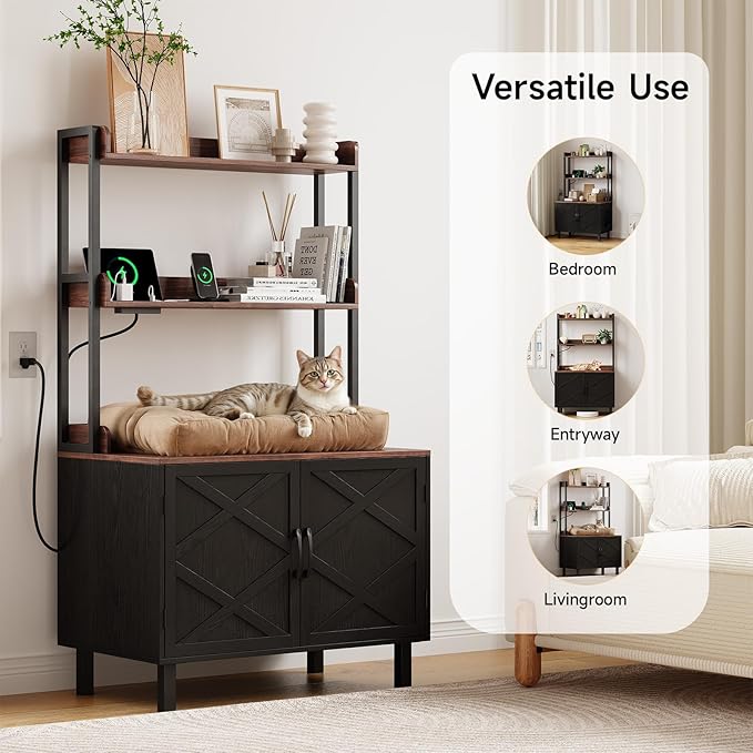 55 Inches Cat Litter Box Enclosure, Hidden Litter Box Furniture with 2 Storage Shelves and Charging Sockets, Wooden Cat House, Large Indoor Cabinet for Living Room & Entryway, Black-PawvioPets