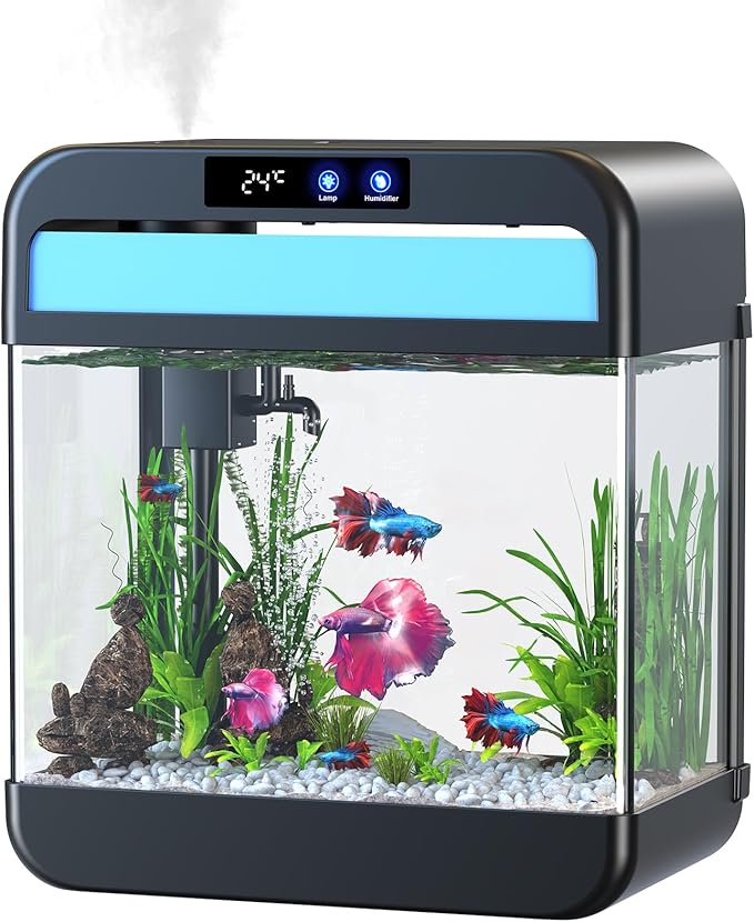 Fish Tank 2.2 Gallon Fish Bowl with Humidifier 7 Color Auto-Looping Light 3 in 1 Quiet Pump with Filteration & Oxygenation & Circulation, Temperature Display, HD Float Glass, Thickened Base-PawvioPets