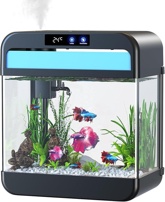Fish Tank 2.2 Gallon Fish Bowl with Humidifier 7 Color Auto-Looping Light 3 in 1 Quiet Pump with Filteration & Oxygenation & Circulation, Temperature Display, HD Float Glass, Thickened Base-PawvioPets