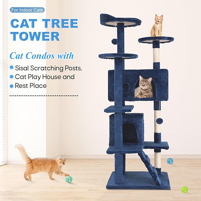 FDW Cat Tree 54in Cat Tower Multi-Level Durable Cat Scratching Post & Cozy Fun Cat Jumping Platform Space Saving Cat Condo Pet Play House for Indoor Cats,Navy Blue-PawvioPets
