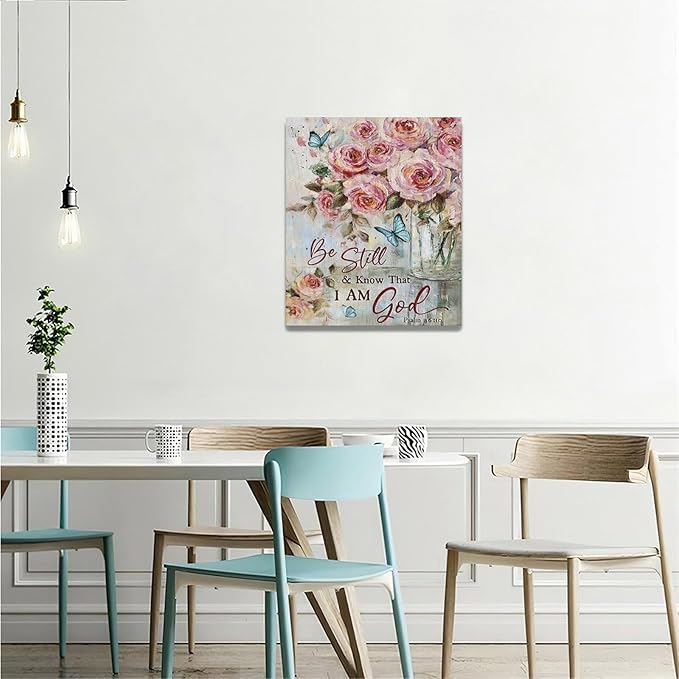 Farmhouse Rose Wall Art Christian Scripture Pictures Pink Rose Wall Decor Rustic Floral Butterfly Canvas Print Painting Artwork for Bathroom Living Room Bedroom 20"x24"-PawvioPets