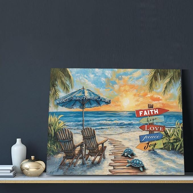 Beach Ocean Bathroom Pictures Wall Art, Seaside Coastal Bathroom Wall Decor, Sunrise Framed Painting Canvas Artwork for Bedroom Living Room Decorations 20"L x 16"W-PawvioPets