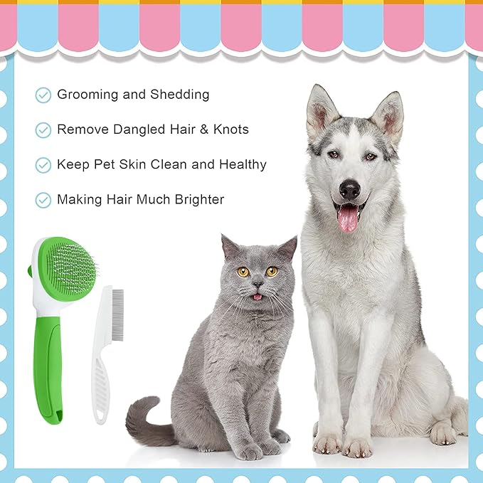 Cat Brushes for Indoor Cats, Dog Brush for Shedding with Metal Cat Comb, Self Cleaning Pet Hair Brush with Release Button for Grooming Kitten(Green)-PawvioPets