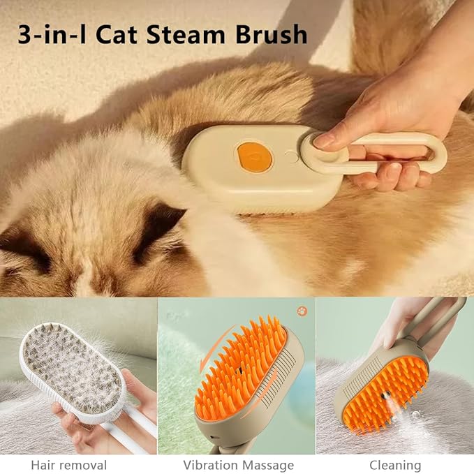 3 in 1 Cat Steam Brush, Pet Steam Cats Brushes Rechargeable Anti-Static Grooming Brushe, Vibration Massage Cleaning Shedding & Combing Multifunctional Hair Removal Comb for Cats Dog (White)-PawvioPets