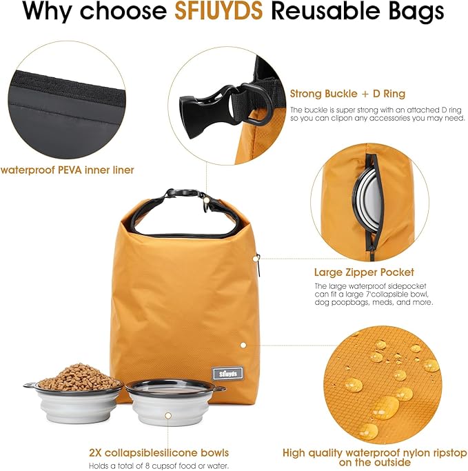 Dog Food Travel Bag w/2PCS Collapsible Dog Travel Bowls,dog food storage container 20 lb(Yellow, Large)-PawvioPets