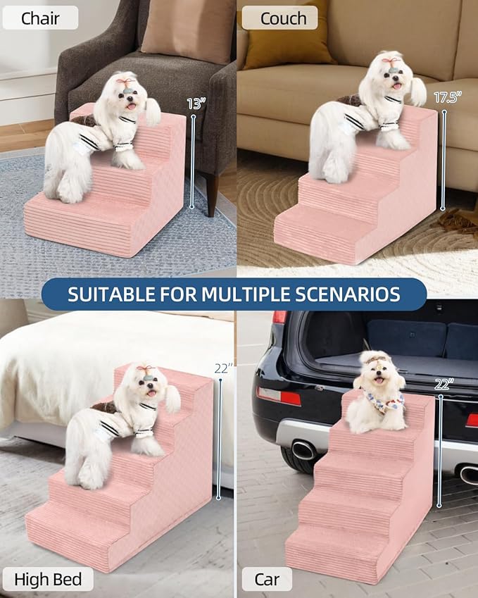 Dog Stairs for Small Dogs,22" H,5-Step Dog Steps for Bed and Couch with High Density Foam,Non-Slip Pet Steps for Doggy and Cat,Pet Stairs with a Washable Cover,Pink-PawvioPets