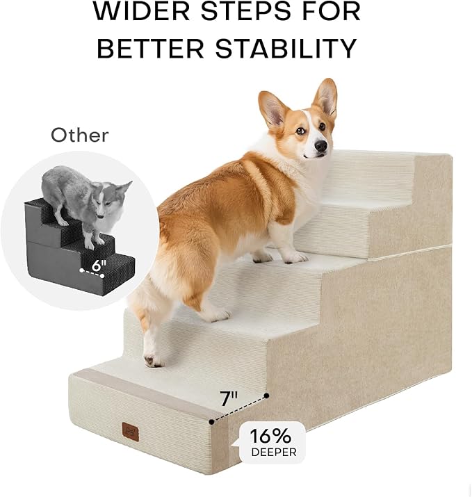 Dog Stairs for High Bed, Dog Steps for Bed Couch Sofa, 35D Foam Extra Wide Pet Steps for Small Dogs and Cats, Pet Stairs with Non-Slip Bottom Beige, 5 Steps-PawvioPets